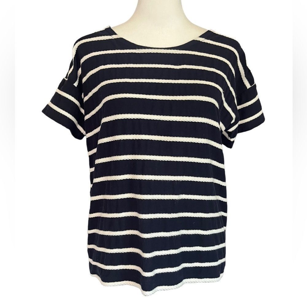 Talbots Top Petite Blue White Stripe Blouse Top Tie Back Short Sleeve​​​​
